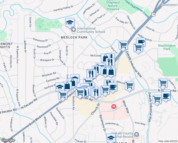 map of restaurants, bars, coffee shops, grocery stores, and more near 908 Tuxworth Circle in Decatur