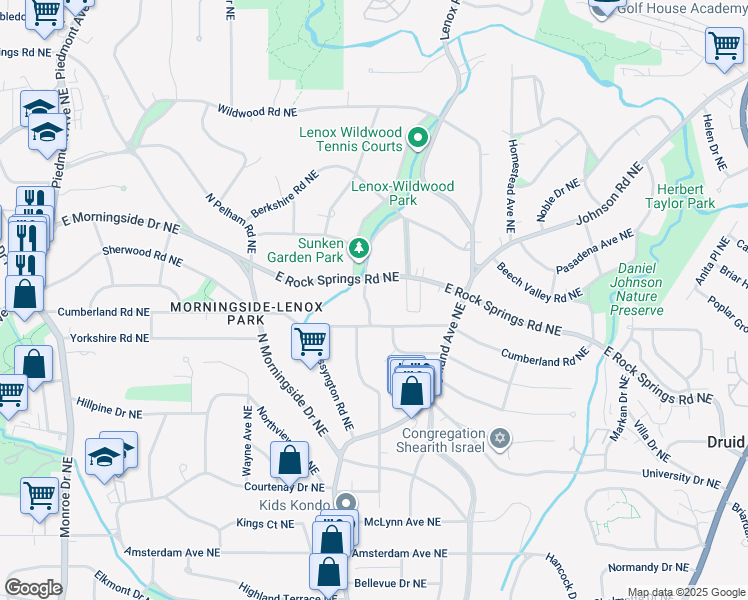 map of restaurants, bars, coffee shops, grocery stores, and more near 1015 East Rock Springs Road Northeast in Atlanta