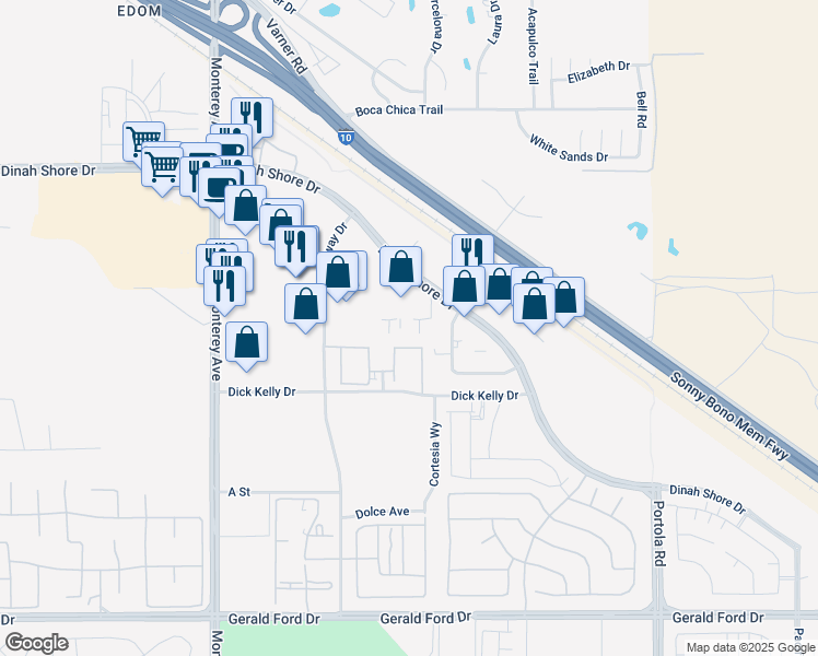 map of restaurants, bars, coffee shops, grocery stores, and more near 73605 Dinah Shore Drive in Palm Desert