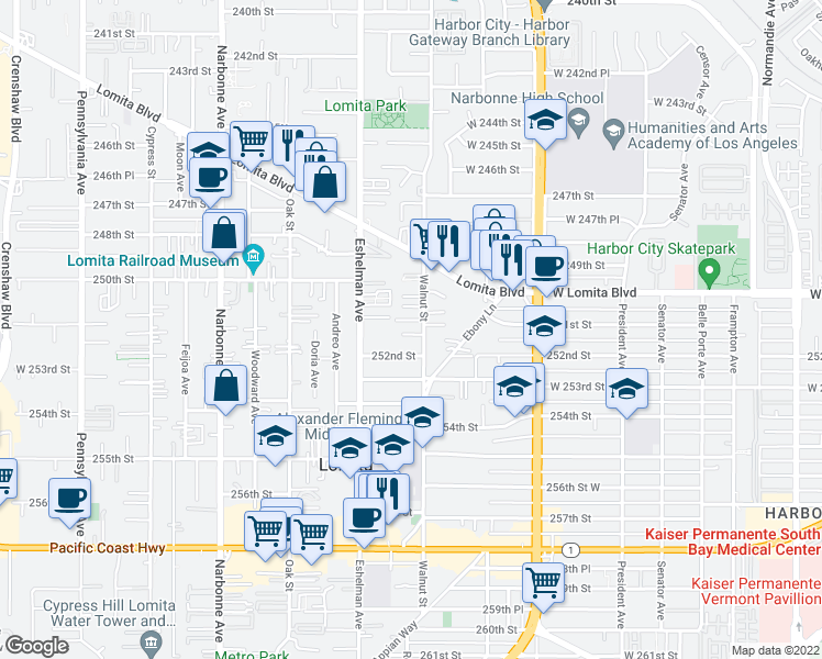 map of restaurants, bars, coffee shops, grocery stores, and more near 1905 Alcor Street in Lomita