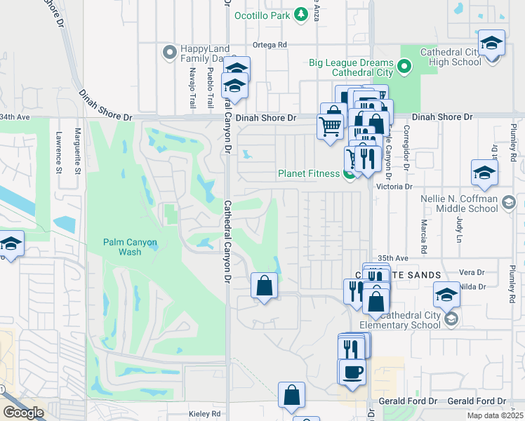map of restaurants, bars, coffee shops, grocery stores, and more near 34685 Calle Trujillo in Cathedral City
