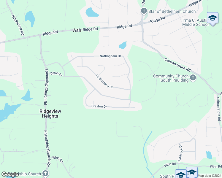map of restaurants, bars, coffee shops, grocery stores, and more near 155 Robin Hood Drive in Douglasville