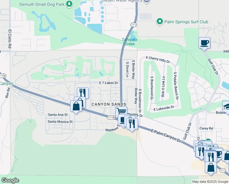 map of restaurants, bars, coffee shops, grocery stores, and more near 2330 East Miramonte Circle in Palm Springs