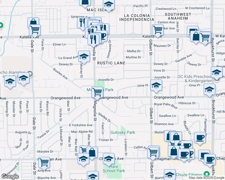 map of restaurants, bars, coffee shops, grocery stores, and more near 11436 Homeway Drive in Garden Grove