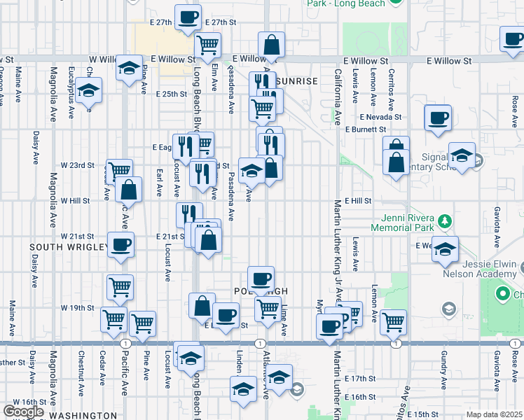 map of restaurants, bars, coffee shops, grocery stores, and more near 2175 Atlantic Avenue in Long Beach