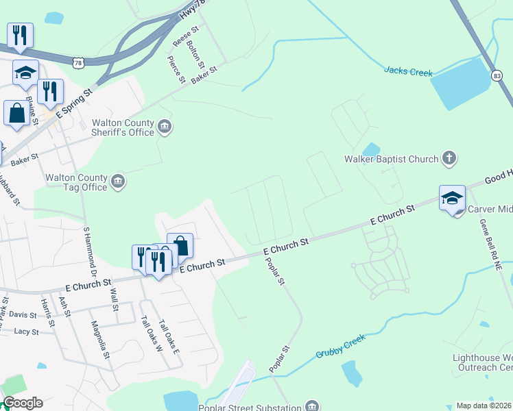 map of restaurants, bars, coffee shops, grocery stores, and more near 521 Landers Street in Monroe