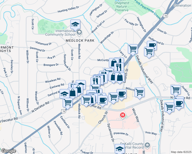 map of restaurants, bars, coffee shops, grocery stores, and more near 223 Tuxworth Circle in Decatur