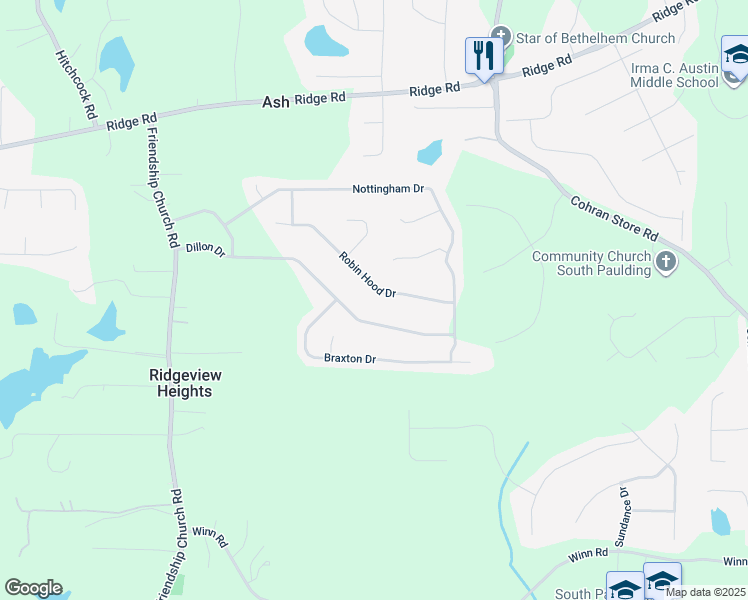 map of restaurants, bars, coffee shops, grocery stores, and more near 181 Robin Hood Drive in Douglasville