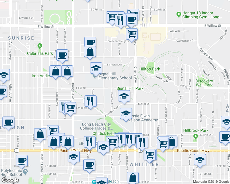 map of restaurants, bars, coffee shops, grocery stores, and more near 2151 North Kelley Drive in Signal Hill