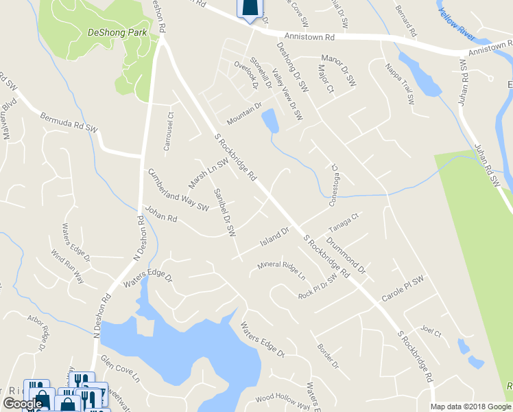 map of restaurants, bars, coffee shops, grocery stores, and more near 3061 Bay View Court in Stone Mountain
