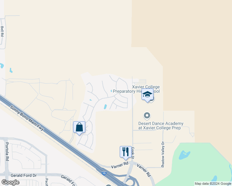 map of restaurants, bars, coffee shops, grocery stores, and more near 34685 Stage Drive in Thousand Palms