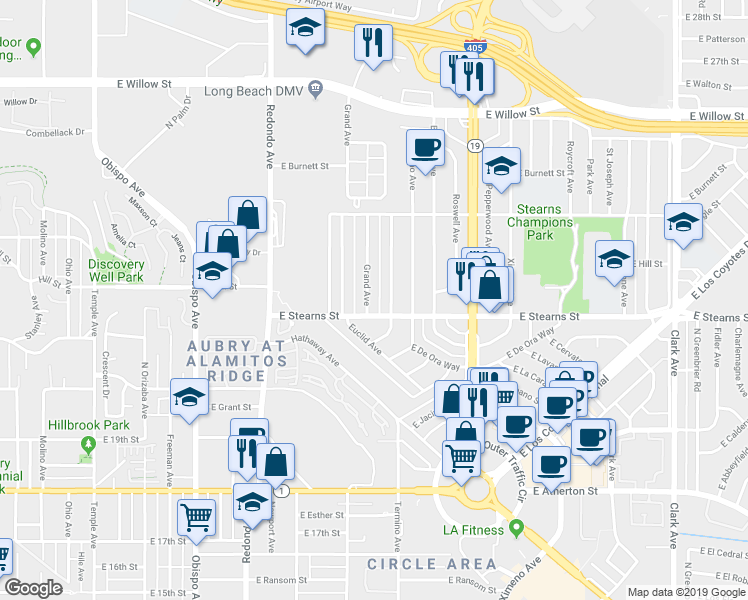 map of restaurants, bars, coffee shops, grocery stores, and more near 2212 Grand Avenue in Long Beach
