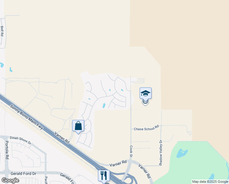 map of restaurants, bars, coffee shops, grocery stores, and more near 34685 Stage Drive in Thousand Palms