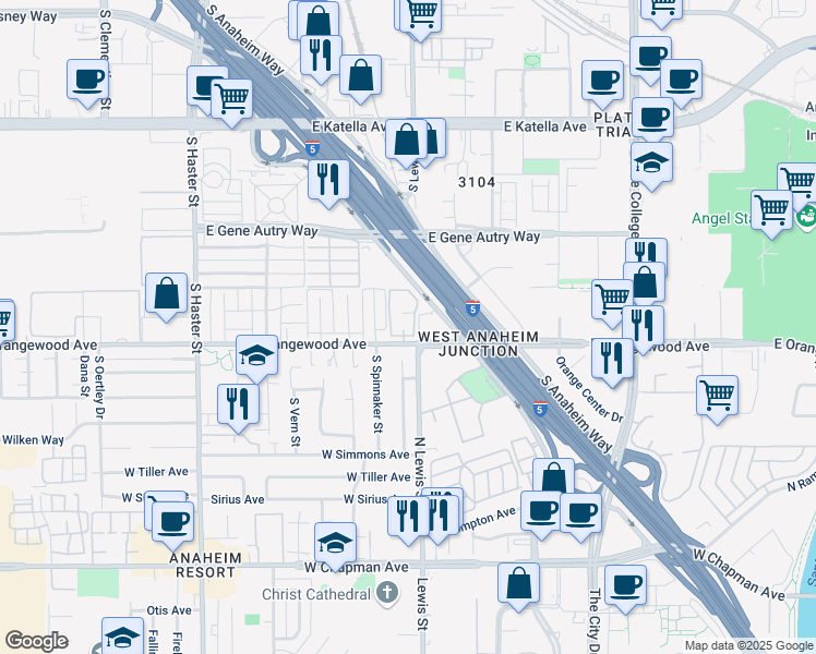 map of restaurants, bars, coffee shops, grocery stores, and more near 835 East Orangewood Avenue in Anaheim
