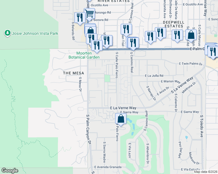 map of restaurants, bars, coffee shops, grocery stores, and more near 804 Hila Lane in Palm Springs