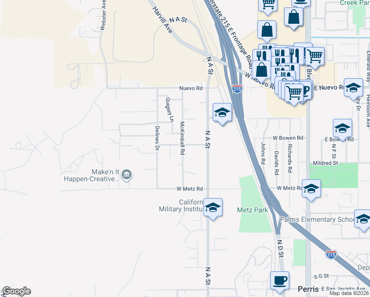 map of restaurants, bars, coffee shops, grocery stores, and more near 499 Serrana Road in Perris
