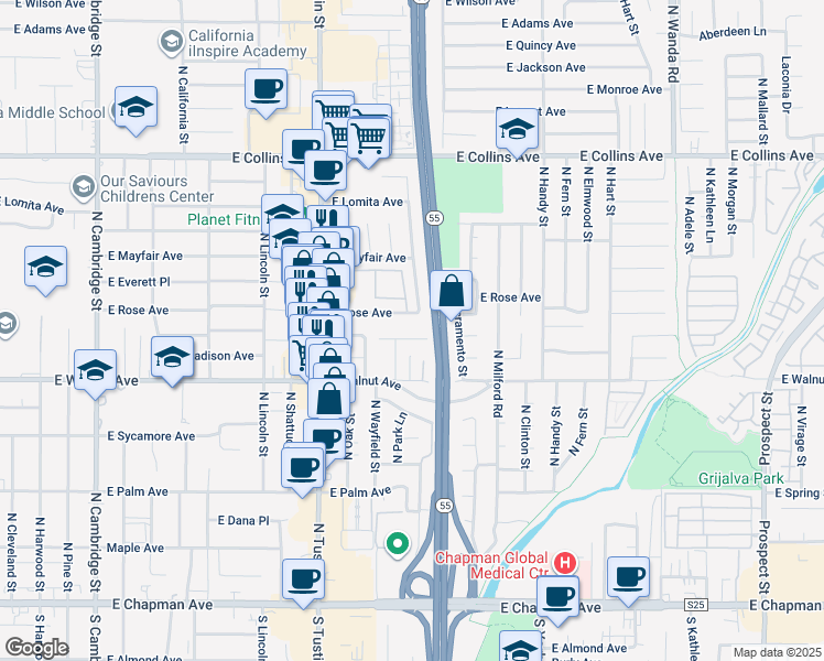 map of restaurants, bars, coffee shops, grocery stores, and more near 2011 East Orange Grove Avenue in Orange