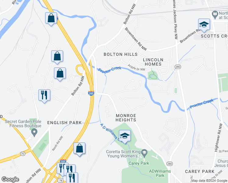 map of restaurants, bars, coffee shops, grocery stores, and more near 2837 Glenlocke Circle Northwest in Atlanta