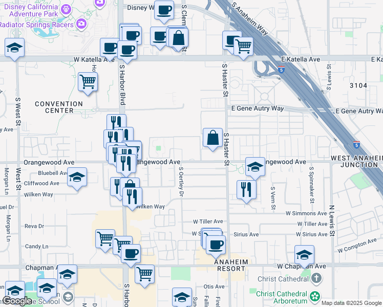 map of restaurants, bars, coffee shops, grocery stores, and more near 235 West Orangewood Avenue in Anaheim