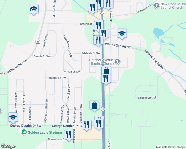map of restaurants, bars, coffee shops, grocery stores, and more near 1505 Pelham Road South in Jacksonville