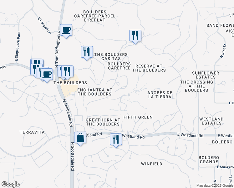 map of restaurants, bars, coffee shops, grocery stores, and more near 7505 East Whitethorn Circle in Scottsdale