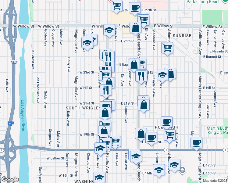 map of restaurants, bars, coffee shops, grocery stores, and more near 2175 Pine Avenue in Long Beach