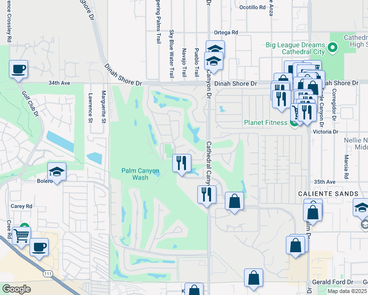 map of restaurants, bars, coffee shops, grocery stores, and more near 68323 Calle Cordoba in Cathedral City