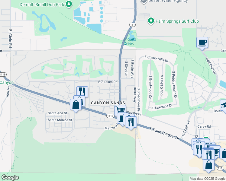 map of restaurants, bars, coffee shops, grocery stores, and more near 2330 East Miramonte Circle in Palm Springs