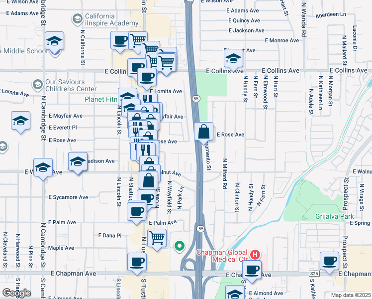 map of restaurants, bars, coffee shops, grocery stores, and more near 2011 East Orange Grove Avenue in Orange