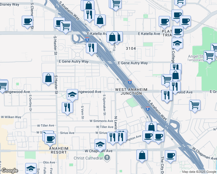 map of restaurants, bars, coffee shops, grocery stores, and more near 835 East Orangewood Avenue in Anaheim