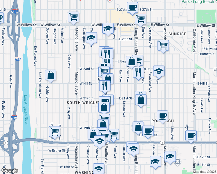 map of restaurants, bars, coffee shops, grocery stores, and more near 2169 Pacific Avenue in Long Beach