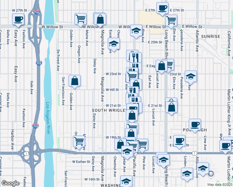 map of restaurants, bars, coffee shops, grocery stores, and more near 2166 Chestnut Avenue in Long Beach