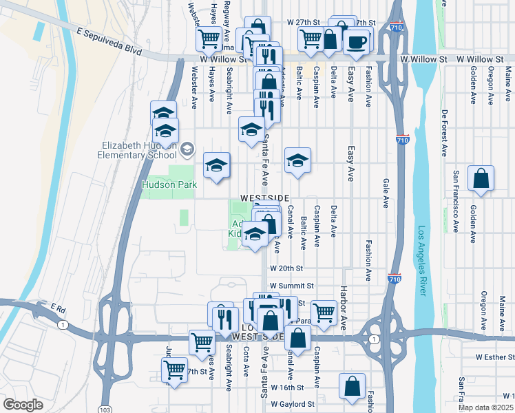 map of restaurants, bars, coffee shops, grocery stores, and more near 1720 West Hill Street in Long Beach