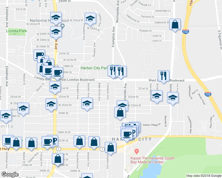 map of restaurants, bars, coffee shops, grocery stores, and more near 1240 251st Street in Los Angeles
