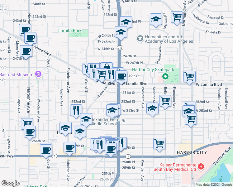 map of restaurants, bars, coffee shops, grocery stores, and more near 1704 251st Street in Lomita