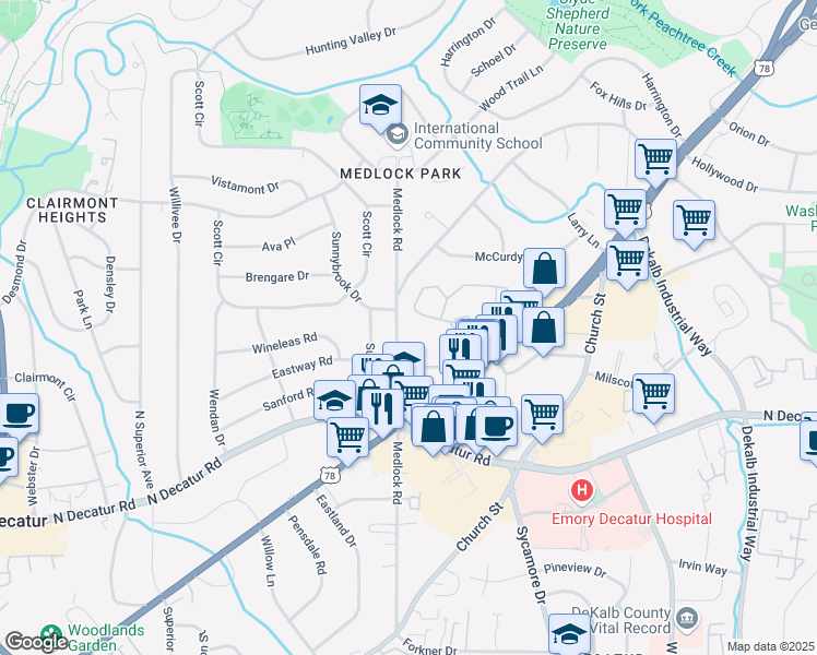 map of restaurants, bars, coffee shops, grocery stores, and more near 1108 McClelen Way in Decatur