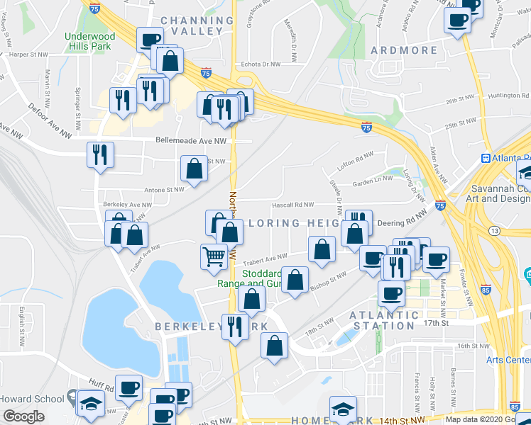 map of restaurants, bars, coffee shops, grocery stores, and more near 557 Hascall Road Northwest in Atlanta