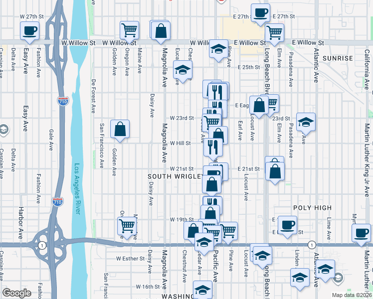 map of restaurants, bars, coffee shops, grocery stores, and more near 2175 Chestnut Avenue in Long Beach