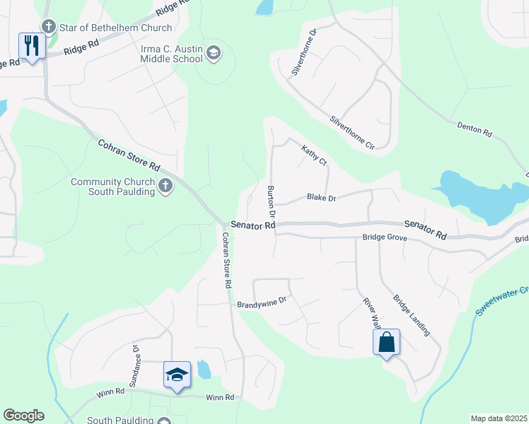 map of restaurants, bars, coffee shops, grocery stores, and more near 53 Burton Drive in Douglasville