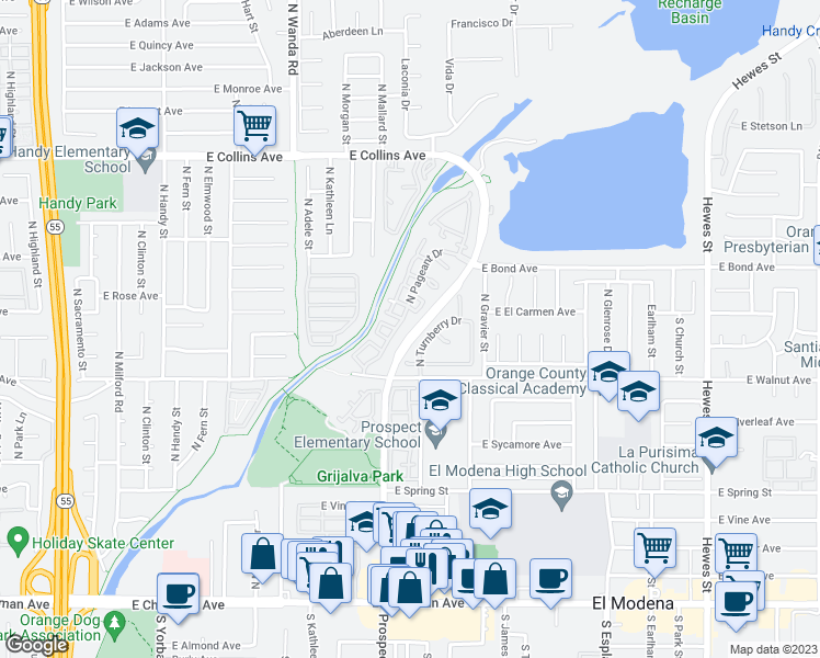 map of restaurants, bars, coffee shops, grocery stores, and more near 605 North Pageant Drive in Orange