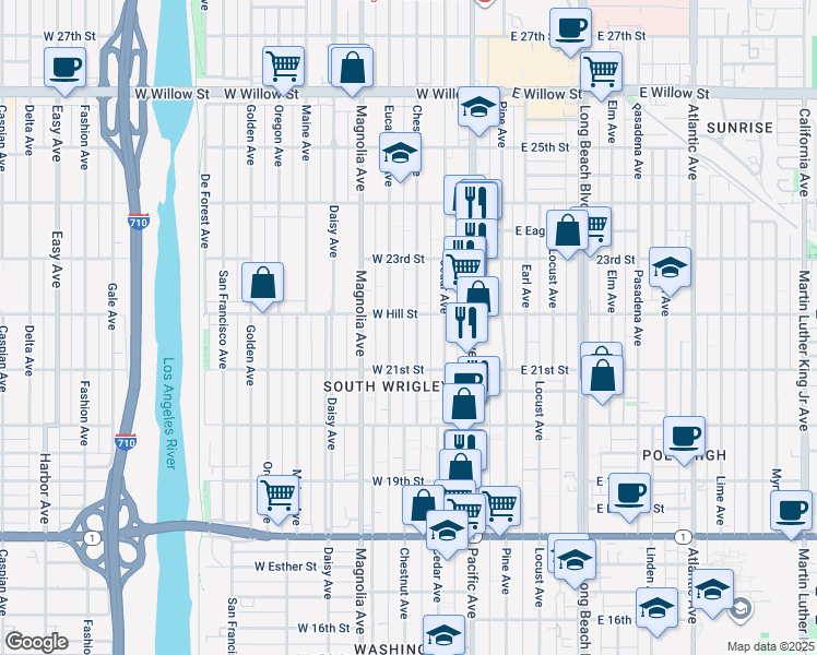 map of restaurants, bars, coffee shops, grocery stores, and more near 2175 Chestnut Avenue in Long Beach
