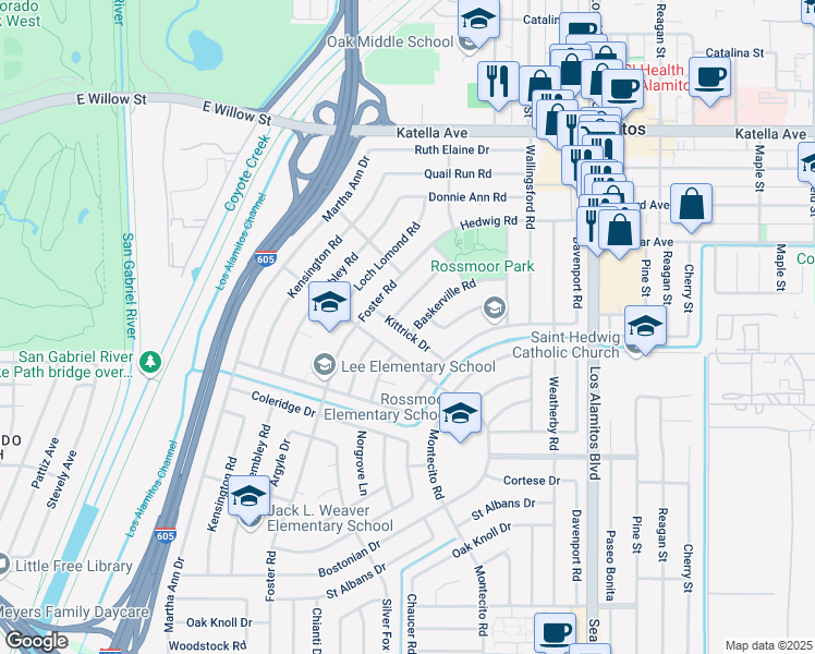 map of restaurants, bars, coffee shops, grocery stores, and more near 3131 Kittrick Drive in Los Alamitos