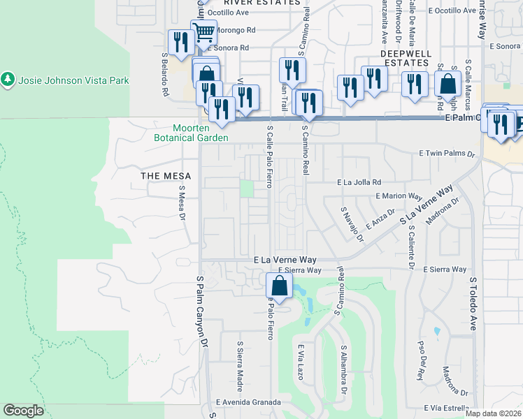map of restaurants, bars, coffee shops, grocery stores, and more near 804 Hila Lane in Palm Springs