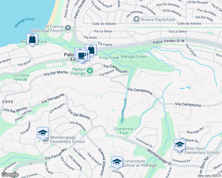 map of restaurants, bars, coffee shops, grocery stores, and more near 2708 Vía Elevado in Palos Verdes Estates