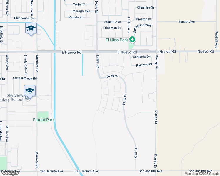 map of restaurants, bars, coffee shops, grocery stores, and more near 1535 Depaul Street in Perris