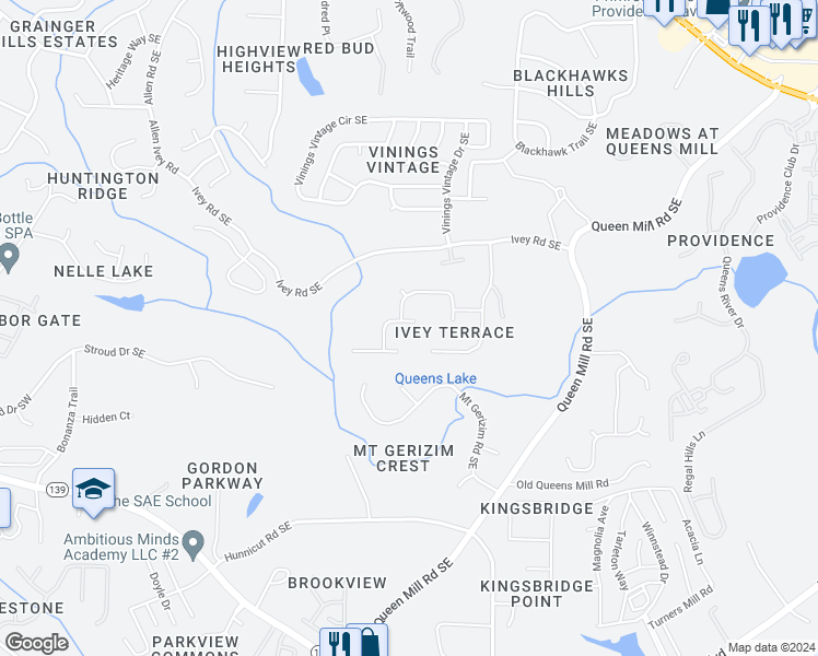 map of restaurants, bars, coffee shops, grocery stores, and more near 485 Ivey Chase Southeast in Mableton