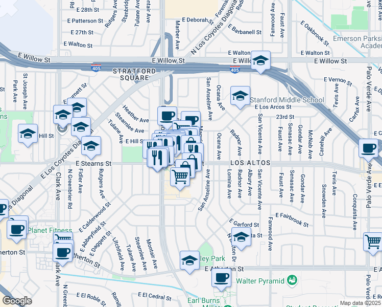 map of restaurants, bars, coffee shops, grocery stores, and more near 5545 E Stearns St in Long Beach