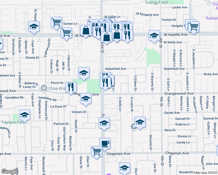 map of restaurants, bars, coffee shops, grocery stores, and more near 2060 South Euclid Street in Anaheim