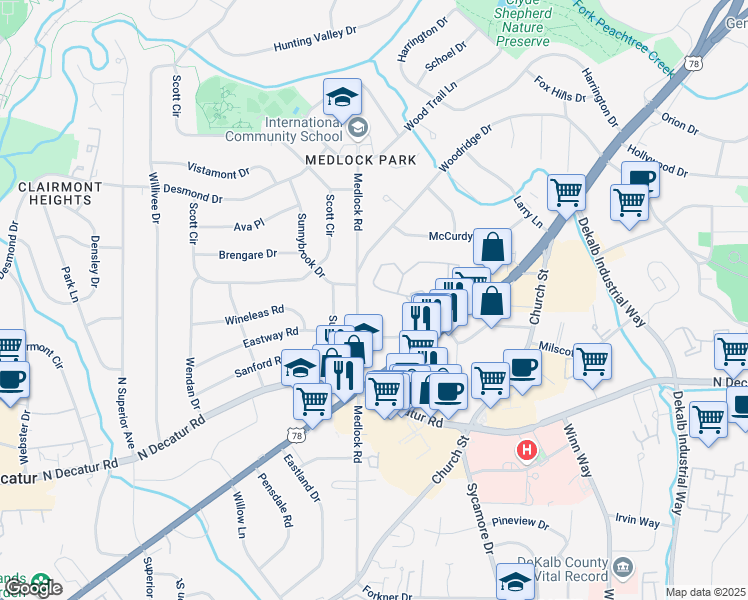 map of restaurants, bars, coffee shops, grocery stores, and more near 1108 McClelen Way in Decatur