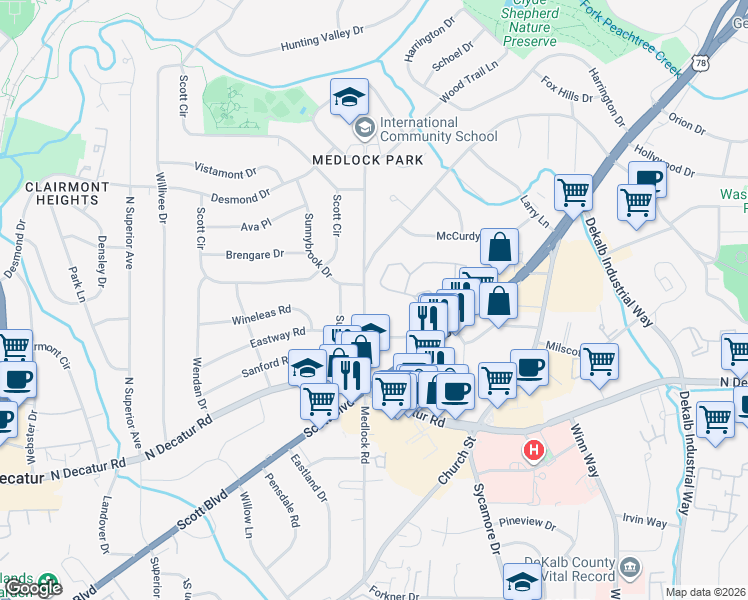 map of restaurants, bars, coffee shops, grocery stores, and more near 1108 McClelen Way in Decatur